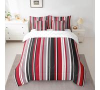 Simple Stripes 7 Pcs Bedding Set Queen Size Soft Microfiber Reversible Red and Gray Comforter Set with Sheets for Adult Kids Boys Girls Teens Chic Fashion Lines Bed in a Bag Modern Stripes Bed Set