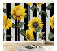 Simple Sunflower Vertical Stripes Art Photo Wallpaper, Cream Non-Woven Mural Living Room Wall Decoration, 150 x 105 cm Photo Mural for Bedroom TV Backdrop Wall Decor