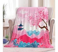 Simple Temple Cherry Blossoms Printed Pink Throw Blanket for Bed, Super King Size Soft Flannel Throw Blanket for All Season Decor Comfy Warm - 87 × 95 inch Blankets for Adults Kids
