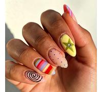 Simple to Apply Press on Artificial Nails with Geometric Dot Star Art in Pretty Color Hues Brown Star Nails