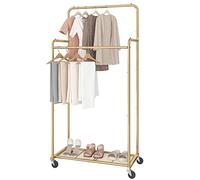 Simple Trending Double Rod Clothes Garment Rack, Heavy Duty Clothing Rolling Rack on Wheels for Hanging Clothes,with 4 Hooks, Gold