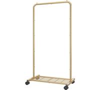 Simple Trending Standard Clothes Garment Rack, Clothing Rolling Rack with Mesh Storage Shelf on Wheels, Golden Yellow