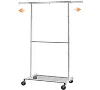 Simple Trending Standard Clothing Garment Rack, Rolling Clothes Organizer with Wheels and Bottom Shelves, Extendable, Chrome