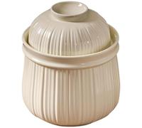 Simple Vertical Striped Kimchi Jar, Water Seal Design Pickling Crock, Thickened Ceramic Fermentation Jar, Grain Storage Vessel