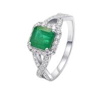 Simple Wedding Band, Pre Engagement Ring 4 Prong Square Shaped with 1.5ct Emerald and Diamond Silver Green 14K White Gold Size V 1/2