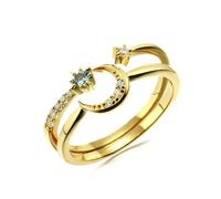 Simple Wedding Band, The Wedding Ring Star Moon with Diamond with Blue Round Shape Topaz 18.1K Gold Size P 1/2