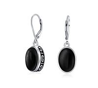 Simple Western Style 3.2CT Dyed Black Onyx Dome Oval Bezel Set Lever Back Dangle Earrings For Women .925 Sterling Silver