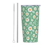 Simple White Daisies On Green Tumbler with Lid and Straw,20oz,Vacuum Insulated Iced Coffee Mug, Reusable Travel Cup Stainless Steel Water Bottle