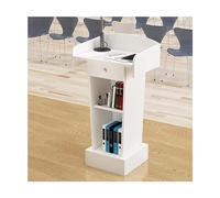 Simple White Lectern with Drawer & Open Storage - Reception Desk Podium Stand for Teachers, Durable Density Board, Ideal for Presentations & Events