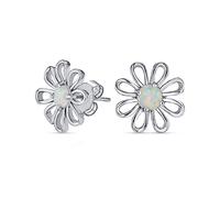 Simple White Rainbow Created Opal Daisy Flower Springtime Stud Earrings For Women For Teen .925 Sterling Silver October Birthstone