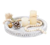 SimpleArt Wooden Decorative Coffee Table Tray with Wood Beaded Whitewashed Farmhouse Serving for Candle Holder, Rustic Home Decor, Kitchen Countertop