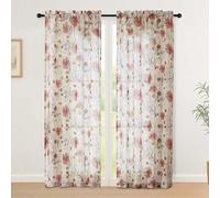 Simplebrand Floral Sheer Curtains 183 cm Length for Living Room 2 Panels Set, Soft Airy Printed Design Textured Light Filtering Drapes, Semi Sheer Farmhouse Curtains for Bedroom, Each 130Wx183L cm