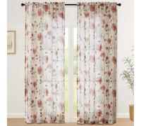 Simplebrand Floral Sheer Curtains 245 cm Length for Living Room 2 Panels Set, Soft Airy Printed Design Textured Light Filtering Drapes, Semi Sheer Farmhouse Curtains for Bedroom, Each 130Wx245L cm