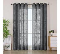Simplebrand Grey Sheer Curtains 140x200cm 2 Panels for Living Room, Light Filtering Geometric Jacquard Clip Textured Eyelet Semi Sheer Curtains for Front Back Patio Glass Door
