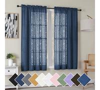 Simplebrand Navy Blue Semi Sheer Curtains 63 Inch Length 2 Panels, Light Filtering Geometric Jacquard Clip Textured Short Sheer Curtains for Bedroom，Modern Elegant Window Curtains Drapes，42x63 inch