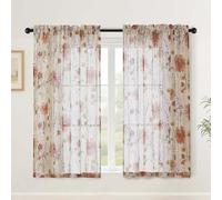 Simplebrand Printed Floral Short Sheer Curtains 122 cm Length 2 Panels, Light Filtering Crushed Texture Semi Sheer Drapes for Bedroom Living Room, Farmhouse Rod Pocket Cafe Curtains, 130Wx122L cm