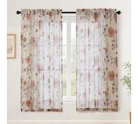Simplebrand Printed Floral Short Sheer Curtains 137 cm Length 2 Panels, Light Filtering Crushed Texture Semi Sheer Drapes for Bedroom Living Room, Farmhouse Rod Pocket Cafe Curtains, 130Wx137L cm