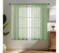 Simplebrand Sage Green Sheer Voile Curtains with Embroidered Pattern, 2 Panels 140x137cm, Dual Rod Pocket Light Filtering Bathroom Window Curtains