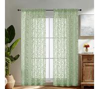 Simplebrand Sage Green Sheer Voile Curtains with Embroidered Pattern, 2 Panels 140x200cm, Dual Rod Pocket Light Filtering Tall Window Curtains