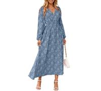 Simplee Womens Boho Floral Long Sleeve Maxi Dress V Neck Empire Waist Fall Wedding Guest Dresses with Pockets, Dusty Blue, XL