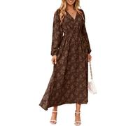 Simplee Womens Boho Floral Long Sleeve Maxi Dress V Neck Empire Waist Fall Wedding Guest Dresses with Pockets, Chocolate Brown, M