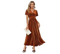 Simplee Women's Bridesmaid Wedding Guest Formal Maxi Dress Boho Floral Flowy Long Dress V Neck Long Sleeve Ruffle Dress, Earthy Orange, S
