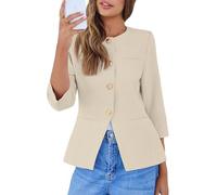 Simplee Womens Business Casual Blazers Spring Fashion Collarless Button Down 3/4 Sleeve Dressy Blazer Jacket Work Outfits, Apricot, S