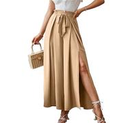 Simplee Women's Elegant Striped Split High Waisted Belted Flowy Wide Leg Pants, E2_khaki, Large