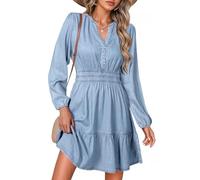 Simplee Womens Fall Denim Dress Casual Long Sleeve V Neck Empire Waist Ruffle A Line Flowy Short Jean Dresses with Pockets, Denim Light Blue, S