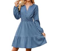 Simplee Womens Fall Denim Dress Casual Long Sleeve V Neck Empire Waist Ruffle A Line Flowy Short Jean Dresses with Pockets, Denim Blue, S