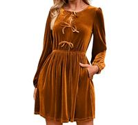 Simplee Womens Fall Velvet Dress Long Sleeve Bow Tie Front Babydoll A Line Cocktail Party Christmas Holiday Dresses, A-burnt Orange, S