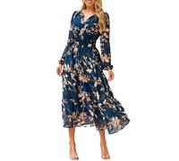 Simplee Women's Floral Boho Long Sleeve Maxi Dress V Neck Empire Waist Swing Flowy Wedding Guest Dress, Navy Floral, L