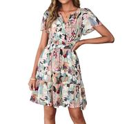 Simplee Women's Floral Boho Long Sleeve Maxi Dress V Neck Empire Waist Swing Flowy Wedding Guest Dress, Green Pink Floral, XL