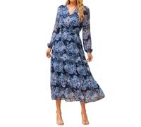 Simplee Women's Floral Boho Long Sleeve Maxi Dress V Neck Empire Waist Swing Flowy Wedding Guest Dress, Blue Navy Floral, XL