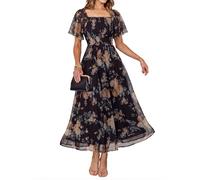 Simplee Womens Floral Midi Dress 2026 Summer Tulle Square Neck Smocked Short Sleeve Tee Party Wedding Guest Dresses, Floral Black Yellow, L
