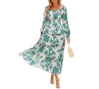Simplee Womens Long Sleeve Boho Wedding Guest Dress Flowy Tiered Smocked Square Neck Fall Floral Maxi Dresses, White Green, M