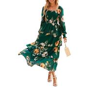 Simplee Womens Long Sleeve Boho Wedding Guest Dress Flowy Tiered Smocked Square Neck Fall Floral Maxi Dresses, Emerald Green, M