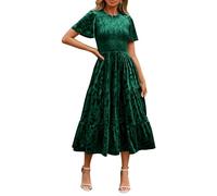 Simplee Womens Semi Formal Velvet Maxi Dress Floral Mock Neck Smocked Empire Waist Short Sleeve Fall Wedding Guest Dresses, Green, L