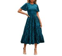 Simplee Womens Semi Formal Velvet Maxi Dress Floral Mock Neck Smocked Empire Waist Short Sleeve Fall Wedding Guest Dresses, Blue Green, L