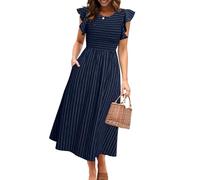 Simplee Womens Striped Midi Summer Dress Linen Smocked Flutter Short Sleeve Dress Flowy Casual Dress with Pockets, Navy Blue, M