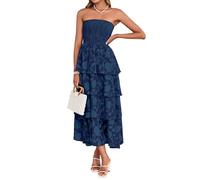 Simplee Womens Summer Boho Smocked Maxi Dress 2026 Strapless Casual Sleeveless Off Shoulder Tiered Beach Long Sundress, Navy, M
