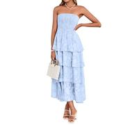 Simplee Womens Summer Boho Smocked Maxi Dress 2026 Strapless Casual Sleeveless Off Shoulder Tiered Beach Long Sundress, Blue, M