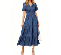 Simplee Womens Summer Denim Dress Casual Short Sleeve V Neck Empire Waist Boho Flowy Western Jean Maxi Dresses with Pockets, Deep Blue, L