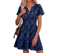 Simplee Womens Summer Floral Dress Casual Short Sleeve V Neck Empire Waist Boho Flowy A Line Mini Wedding Guest Dresses, Navy Blue, L