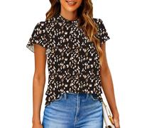 SimpleFun Women Boho Shirts Floral Ruffle Short Sleeve Summer Blouses Tops, Leopard Print Black, XL