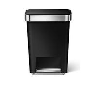simplehuman CW1385CB 45L Rectangular Kitchen Pedal Bin with Liner Pocket, Silent Soft Close Lid, Strong Wide Steel Pedal, Stabiliser Bar, Internal Hinge, Black Plastic