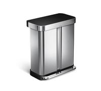 simplehuman 58L (34/24) Rectangular Recycling Double Kitchen Pedal Bin with Liner Pocket, Silent Soft Close Lid, Strong Wide Pedal, Dent-Proof Lid, Brushed Stainless Steel with Black Plastic Lid