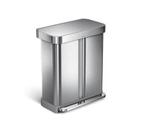 simplehuman 58L (34/24) Rectangular Recycling Kitchen Pedal Double Bin with Liner Pocket, Silent Soft Close Lid, Strong Wide Pedal, Fingerprint-Proof, Brushed Stainless Steel, CW2025