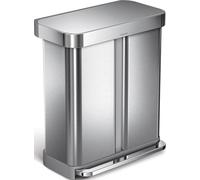 simplehuman 58L (34/24) Rectangular Recycling Kitchen Pedal Double Bin with Liner Pocket, Silent Soft Close Lid, Strong Wide Pedal, Fingerprint-Proof, Brushed Stainless Steel, CW2025