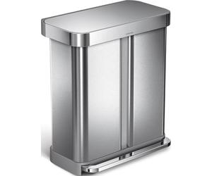 simplehuman 58L (34/24) Rectangular Recycling Kitchen Pedal Double Bin with Liner Pocket, Silent Soft Close Lid, Strong Wide Pedal, Fingerprint-Proof, Brushed Stainless Steel, CW2025